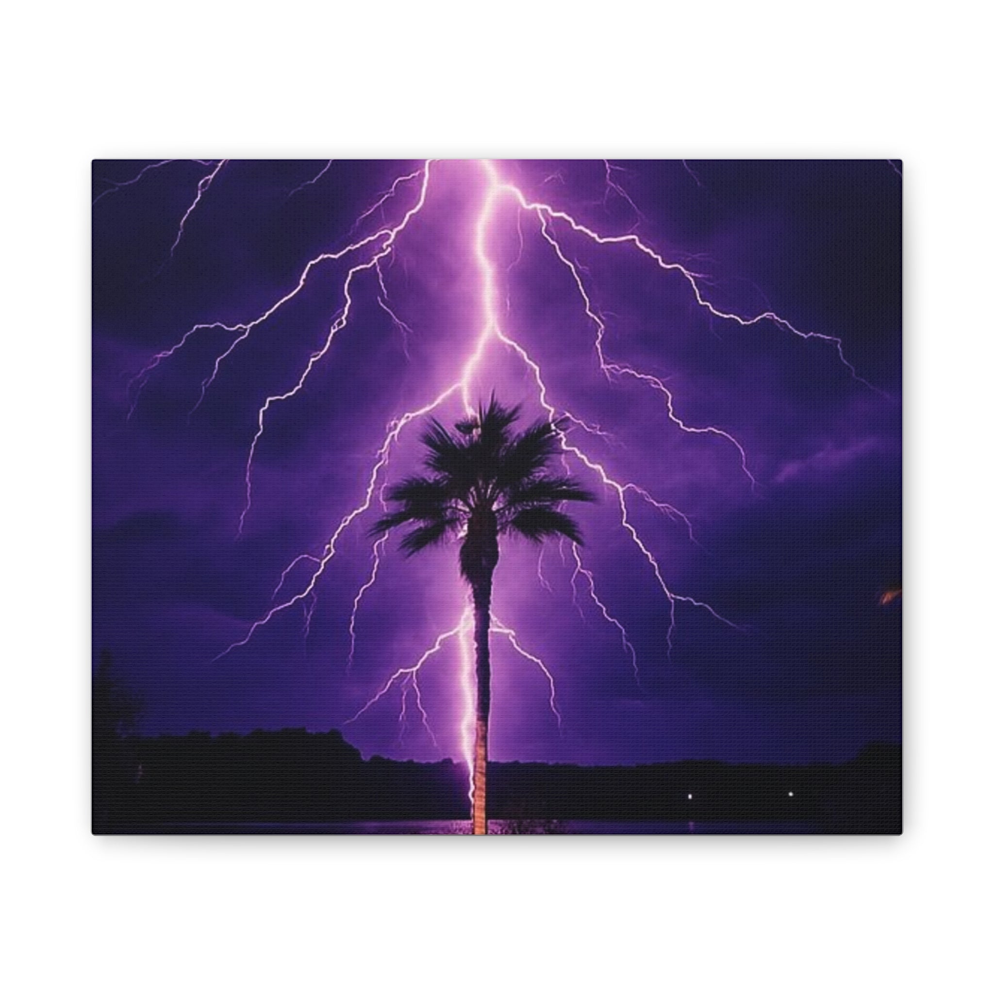 Purple Lightning Palm Tree Canvas Wall Art — Storm Photography Stretched Canvas