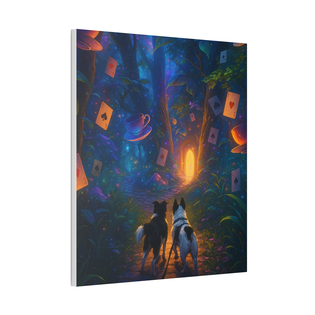 Magic Forest Canvas Wall Art — Dogs Exploring Wonderland with Glowing Door & Floating Playing Cards