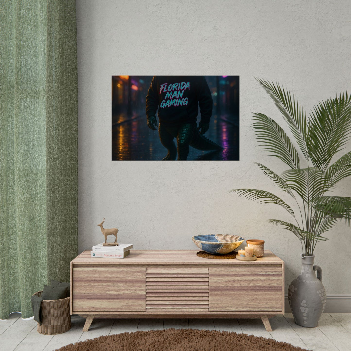 Rolled Posters - Florida Man Gaming Alligator Neon Cyberpunk Scene