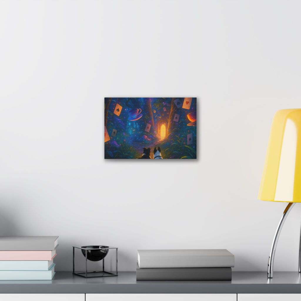 Magic Forest Canvas Wall Art — Dogs Exploring Wonderland with Glowing Door & Floating Playing Cards