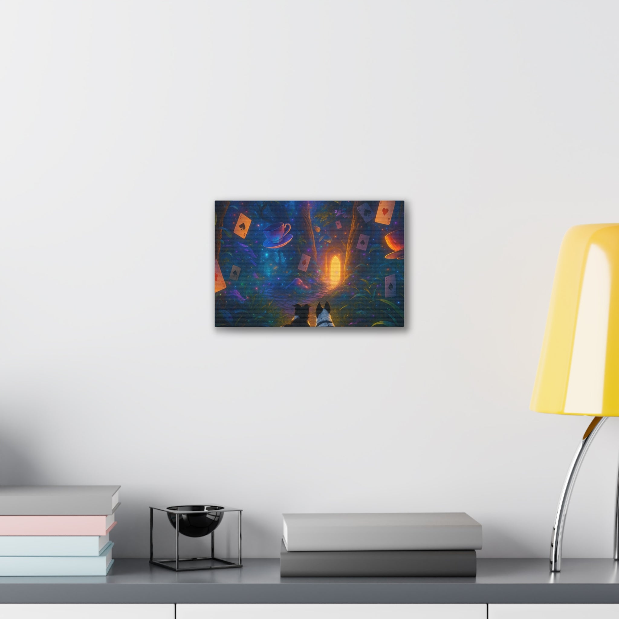 Magic Forest Canvas Wall Art — Dogs Exploring Wonderland with Glowing Door & Floating Playing Cards