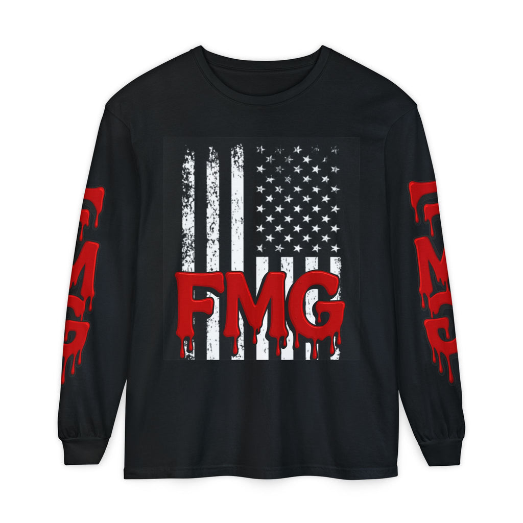 Long Sleeve T-Shirt — Distressed American Flag with Dripping "FMG" Sleeves