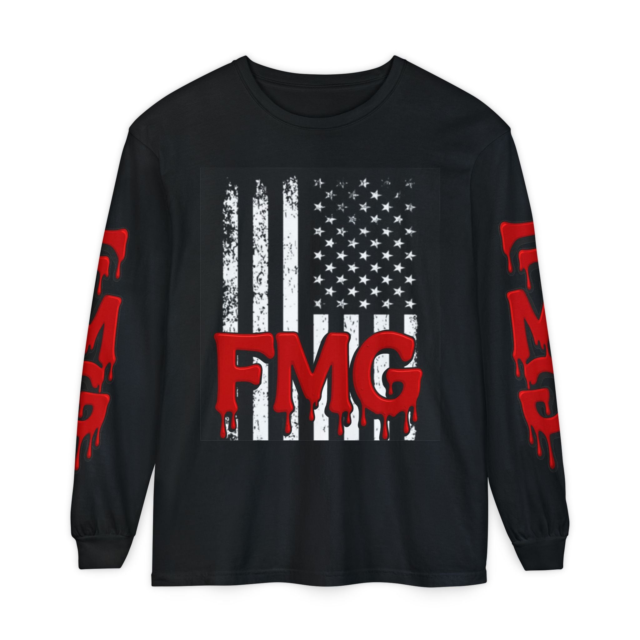 Long Sleeve T-Shirt — Distressed American Flag with Dripping "FMG" Sleeves