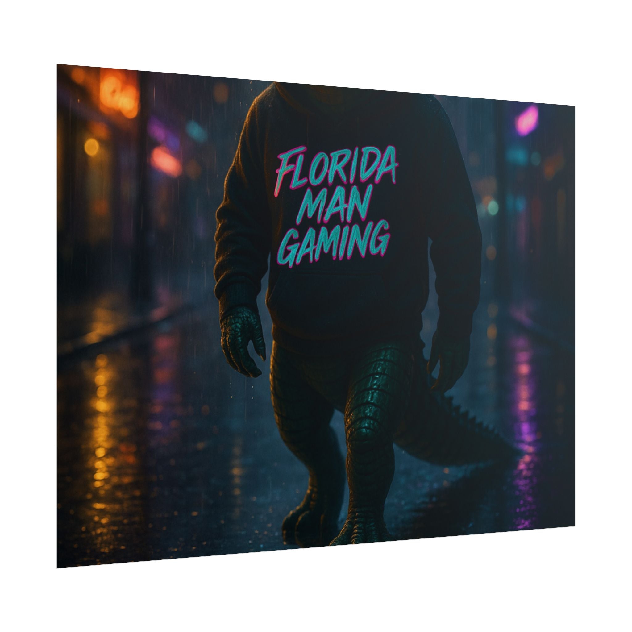 Rolled Posters - Florida Man Gaming Alligator Neon Cyberpunk Scene