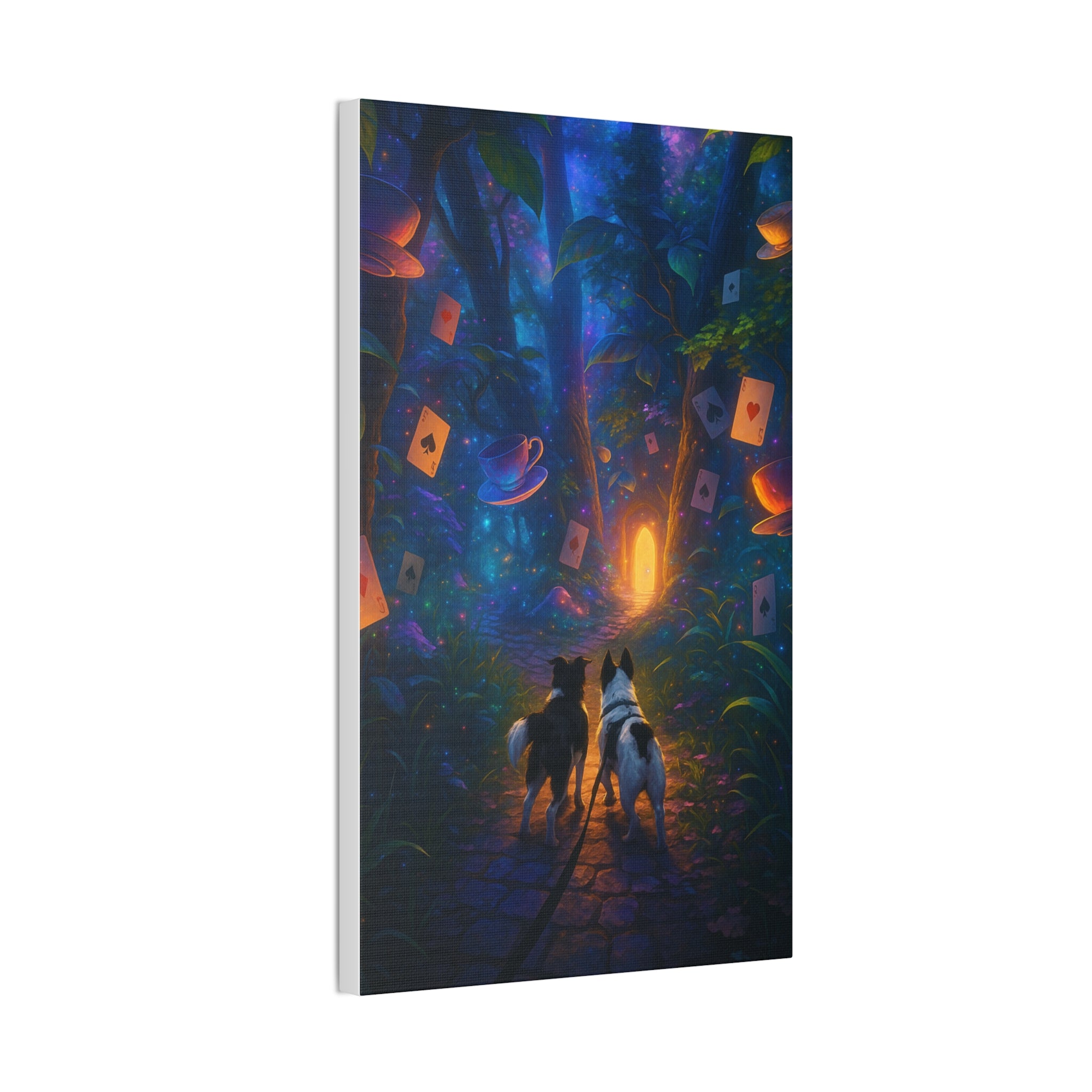 Magic Forest Canvas Wall Art — Dogs Exploring Wonderland with Glowing Door & Floating Playing Cards