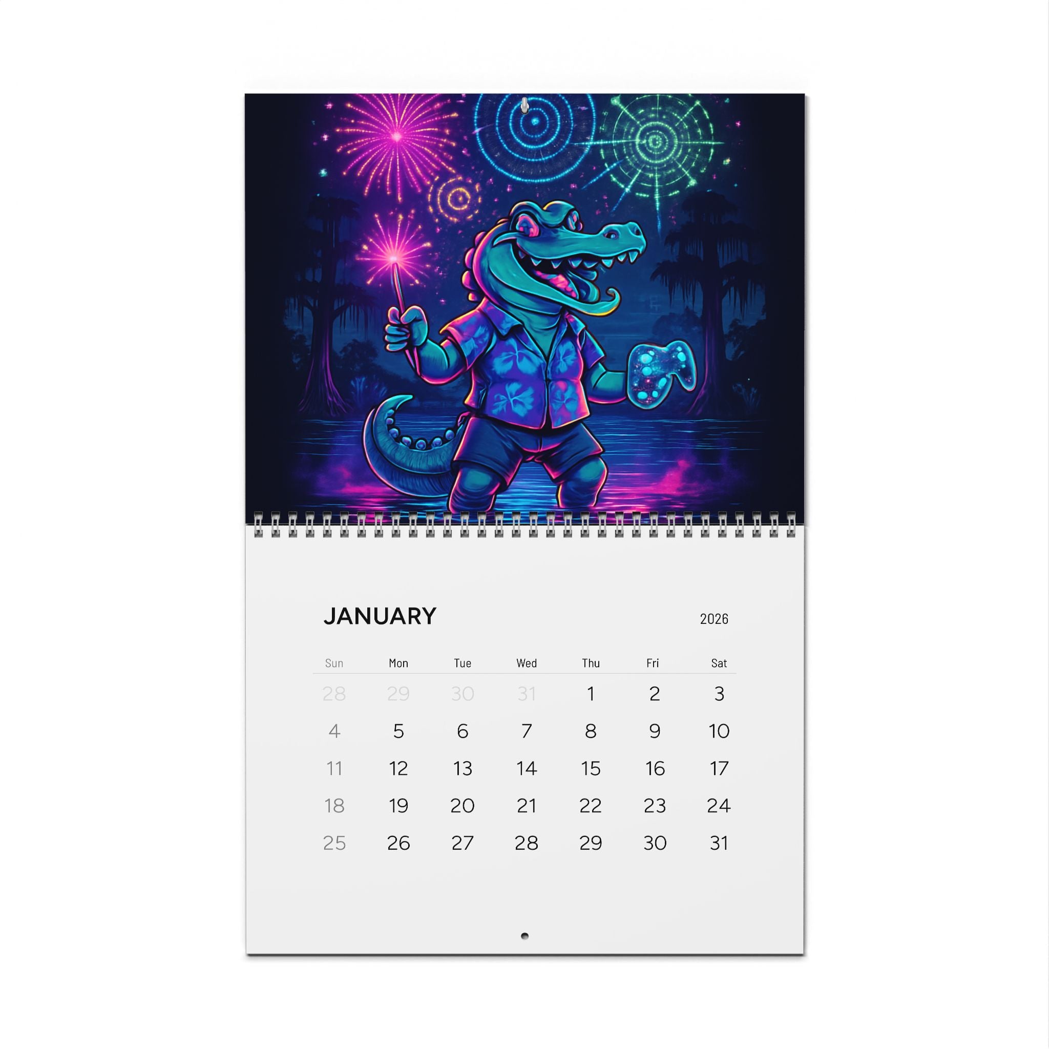 2026 Neon Alligator Art Wall Calendar — Funky Retro Aesthetic Monthly Planner