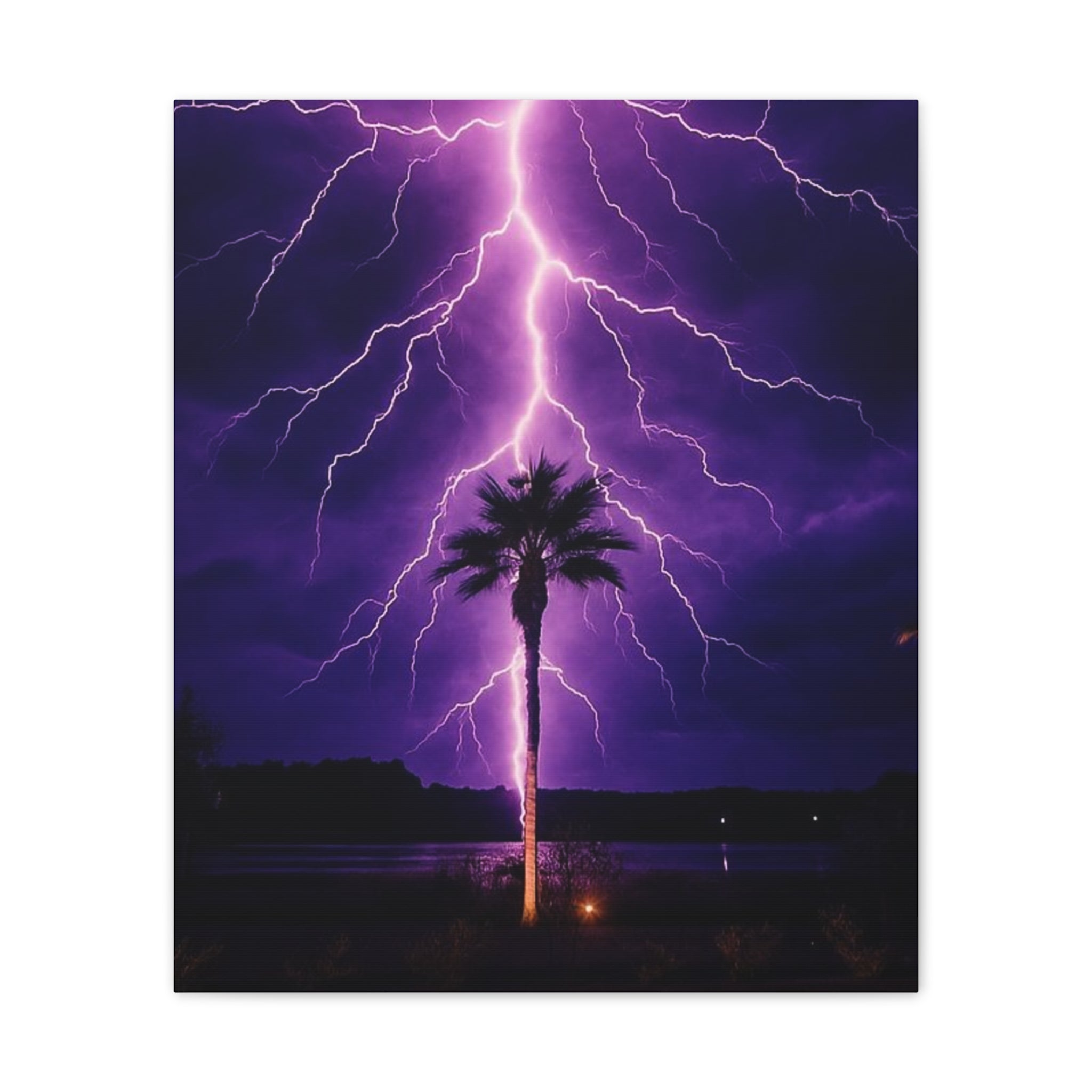 Purple Lightning Palm Tree Canvas Wall Art — Storm Photography Stretched Canvas