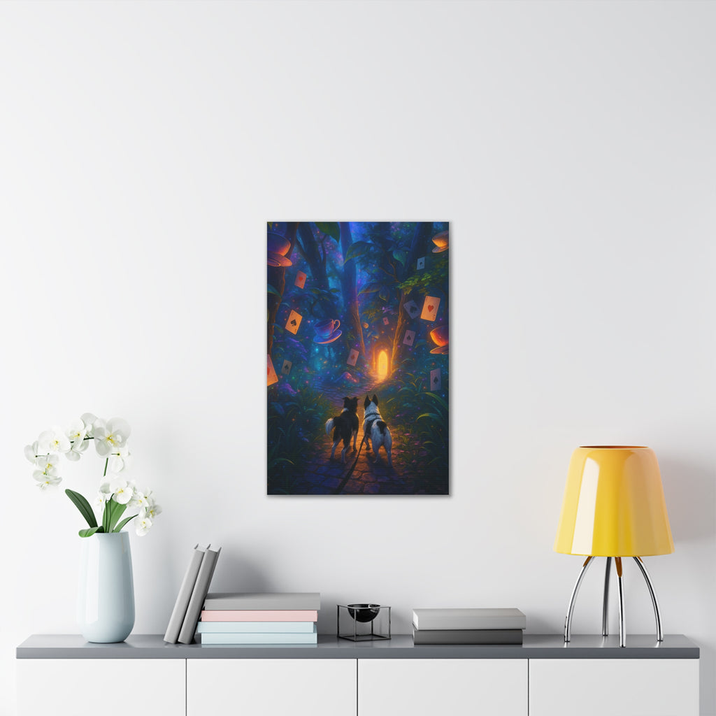 Magic Forest Canvas Wall Art — Dogs Exploring Wonderland with Glowing Door & Floating Playing Cards