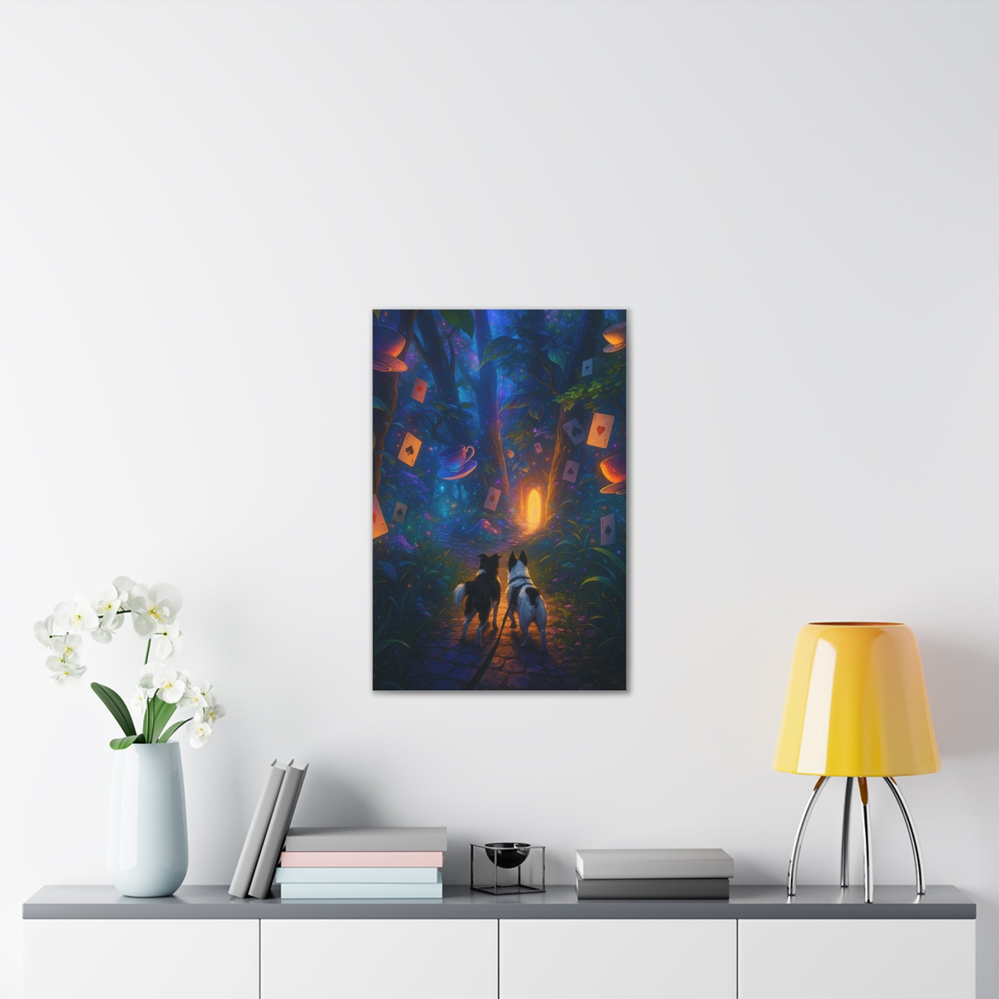 Magic Forest Canvas Wall Art — Dogs Exploring Wonderland with Glowing Door & Floating Playing Cards