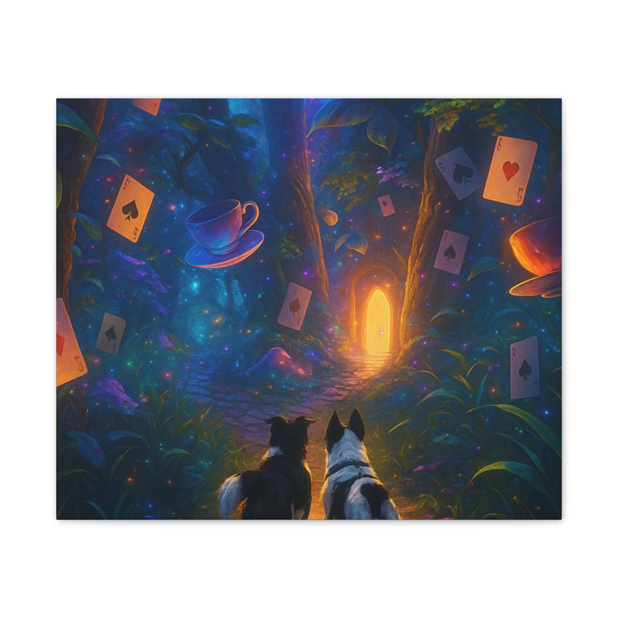 Magic Forest Canvas Wall Art — Dogs Exploring Wonderland with Glowing Door & Floating Playing Cards