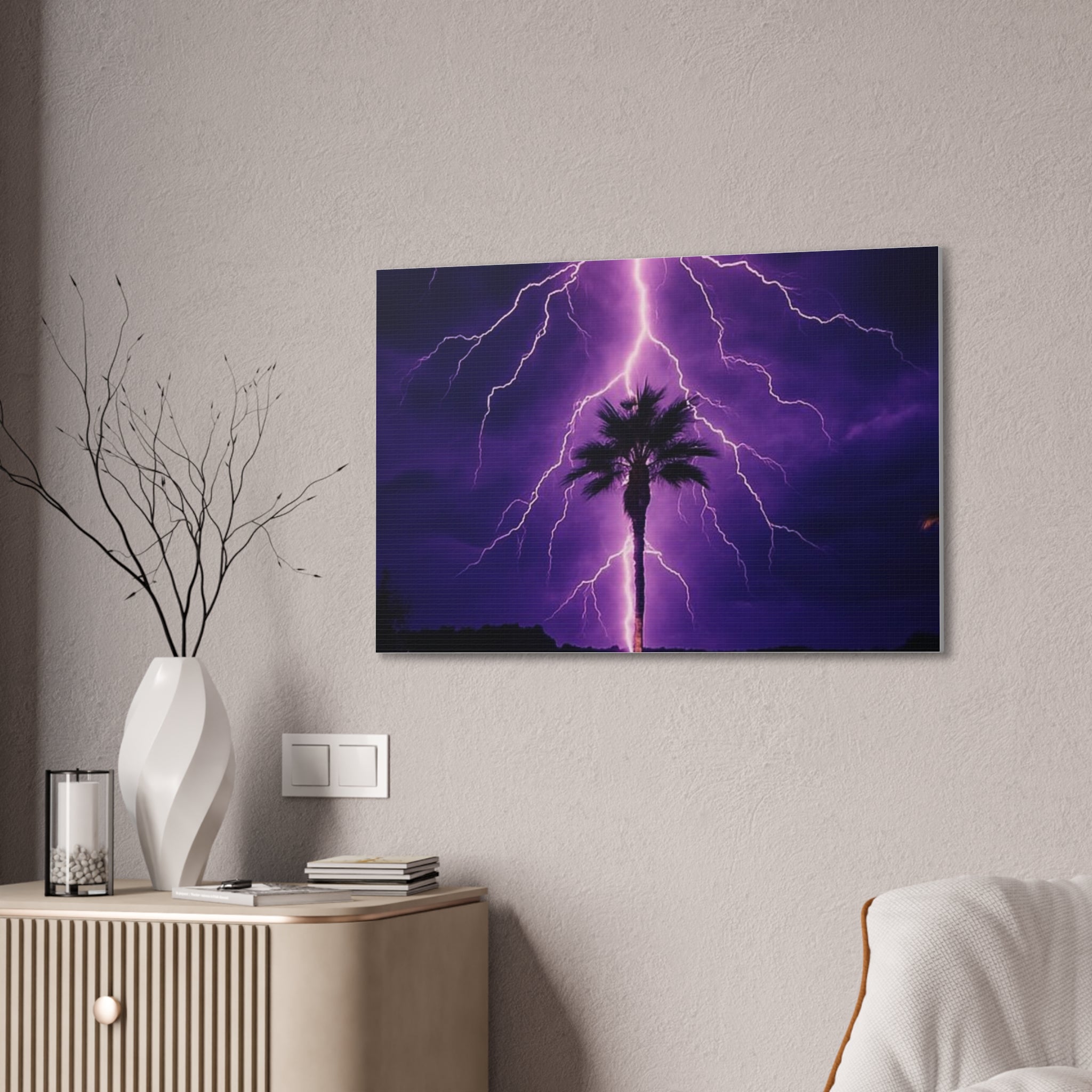 Purple Lightning Palm Tree Canvas Wall Art — Storm Photography Stretched Canvas