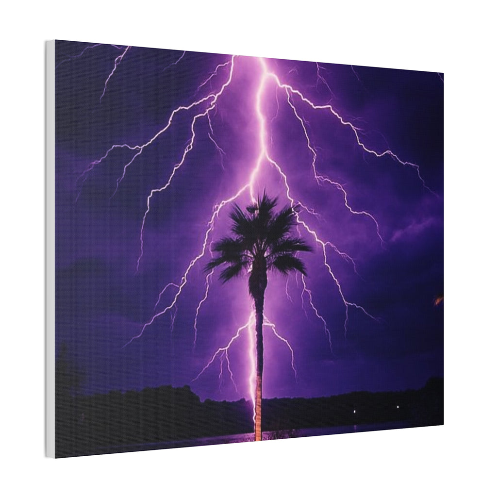 Purple Lightning Palm Tree Canvas Wall Art — Storm Photography Stretched Canvas