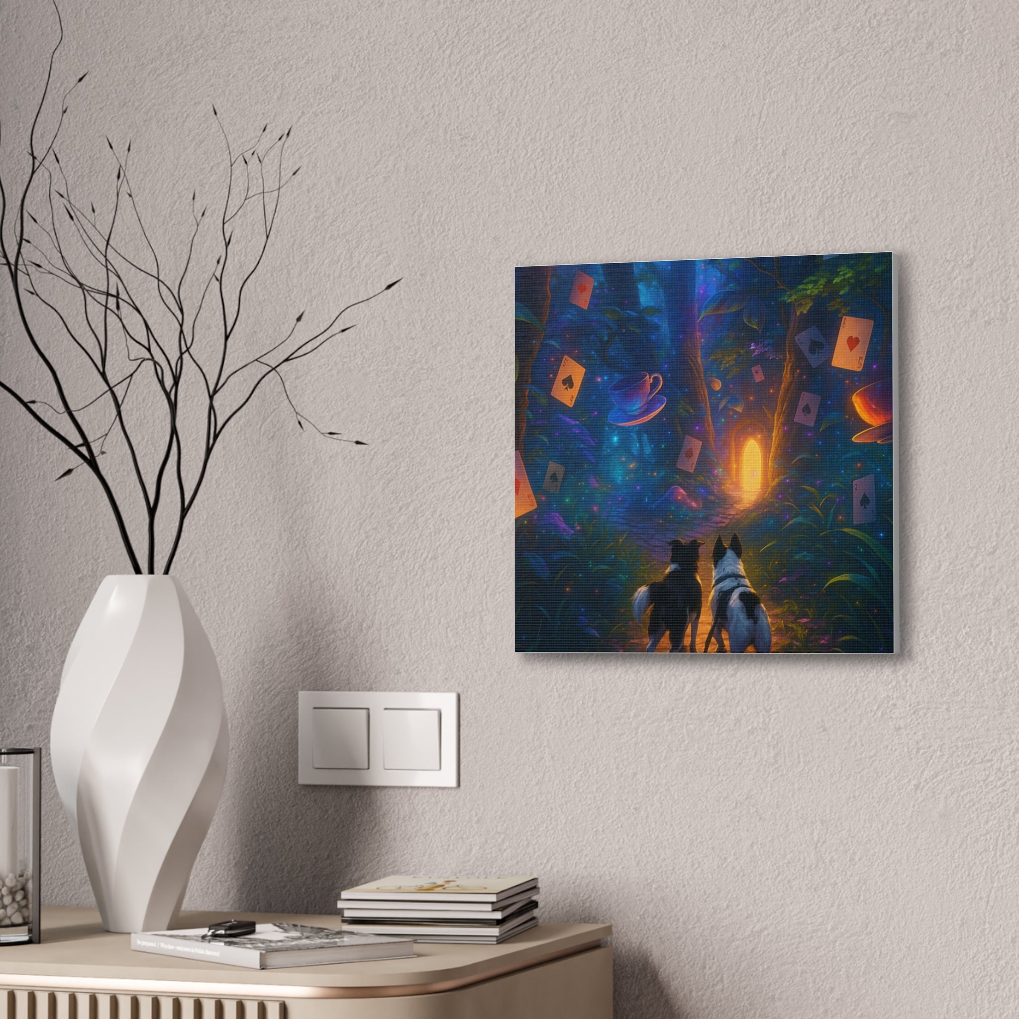 Magic Forest Canvas Wall Art — Dogs Exploring Wonderland with Glowing Door & Floating Playing Cards