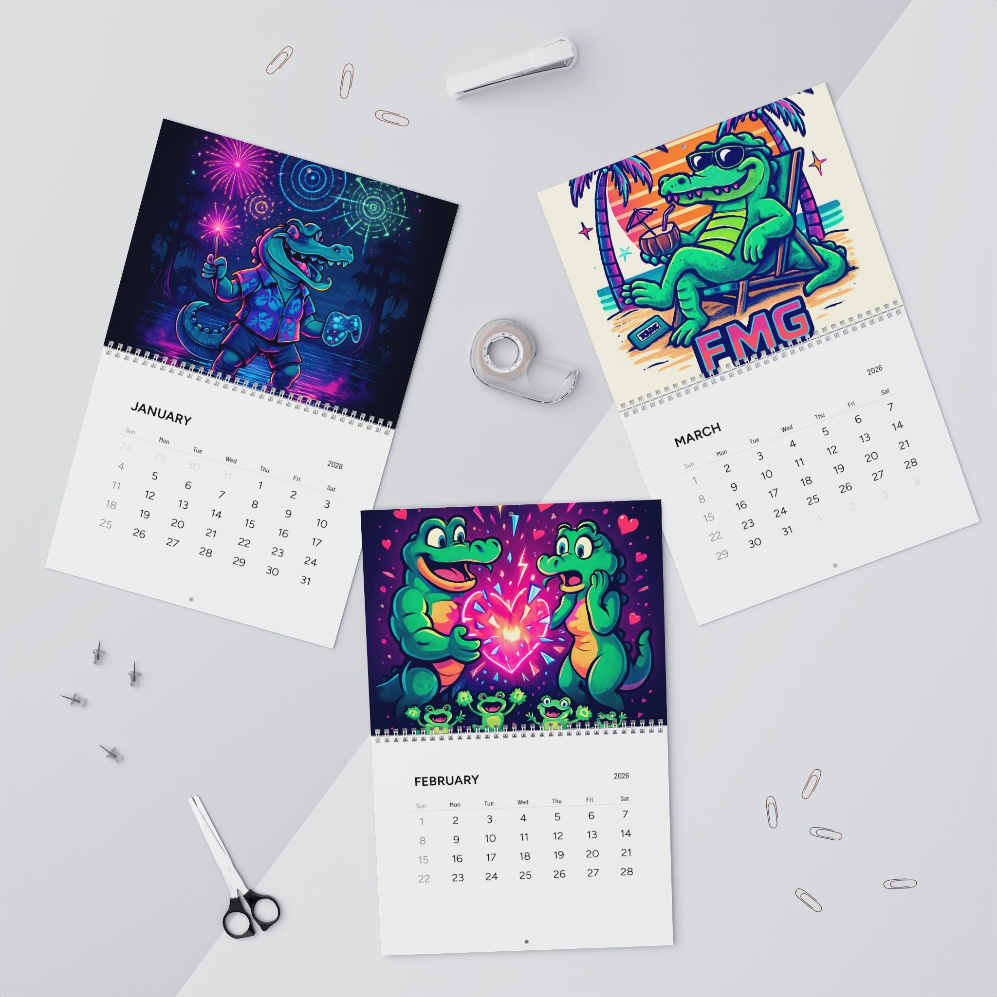 2026 Neon Alligator Art Wall Calendar — Funky Retro Aesthetic Monthly Planner