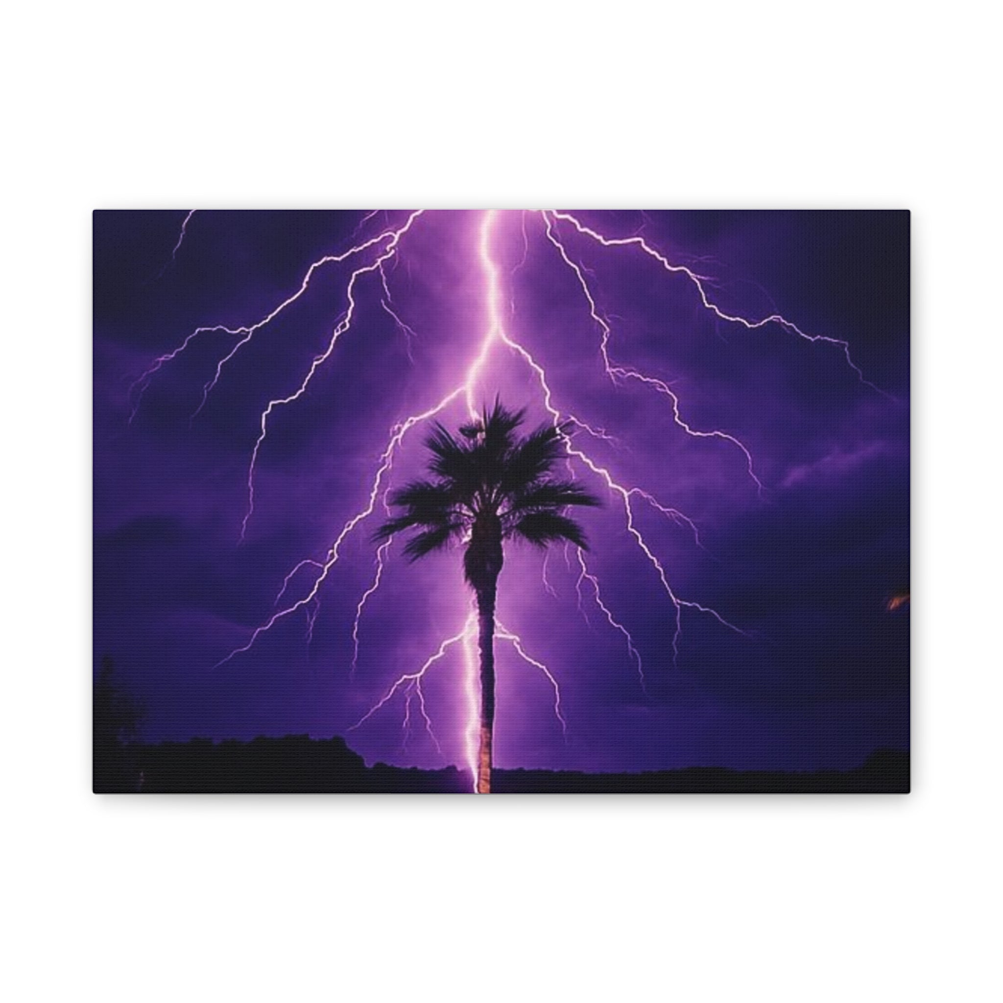 Purple Lightning Palm Tree Canvas Wall Art — Storm Photography Stretched Canvas