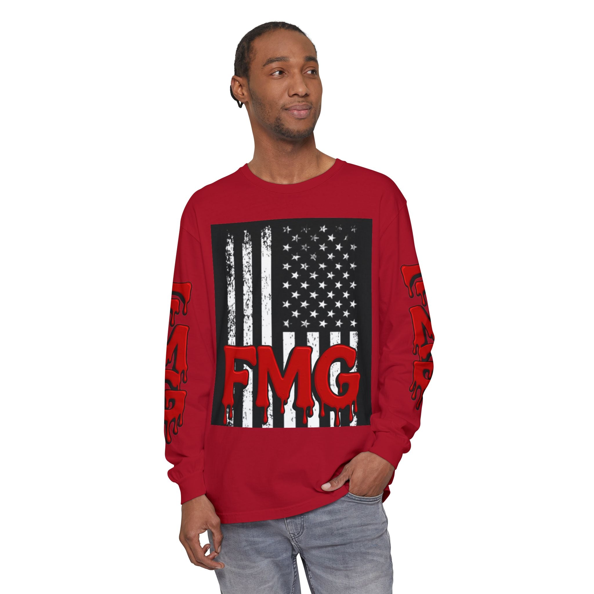 Long Sleeve T-Shirt — Distressed American Flag with Dripping "FMG" Sleeves