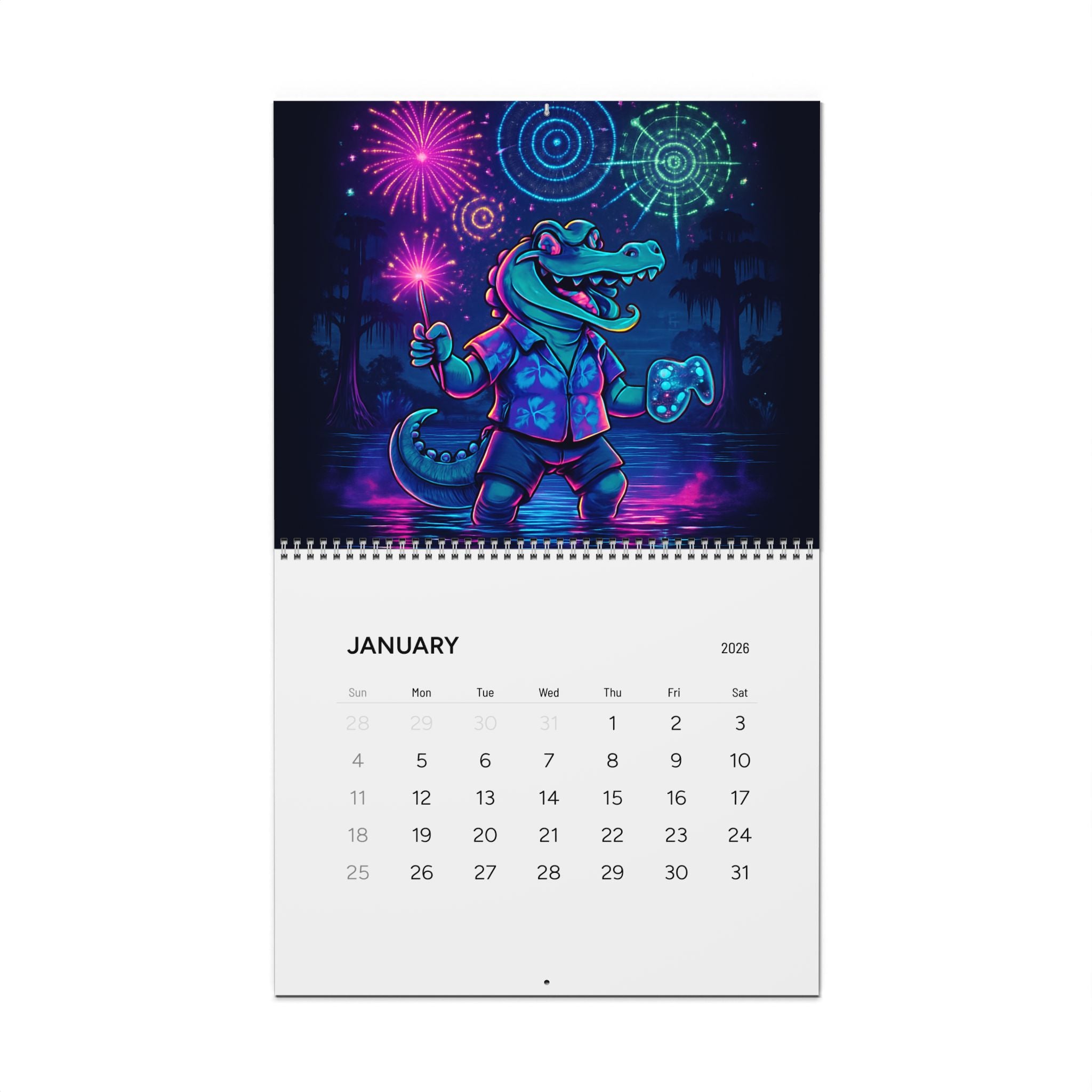 2026 Neon Alligator Art Wall Calendar — Funky Retro Aesthetic Monthly Planner