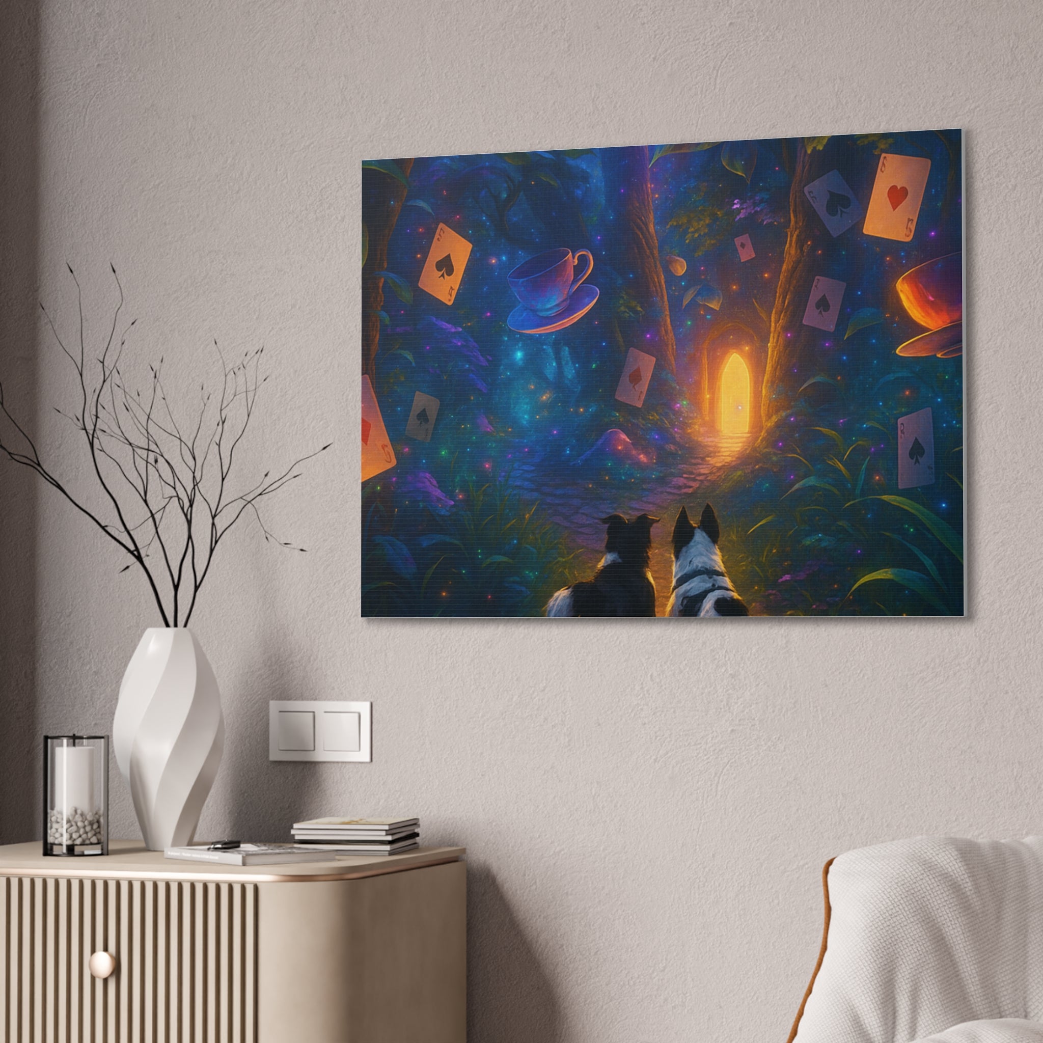 Magic Forest Canvas Wall Art — Dogs Exploring Wonderland with Glowing Door & Floating Playing Cards