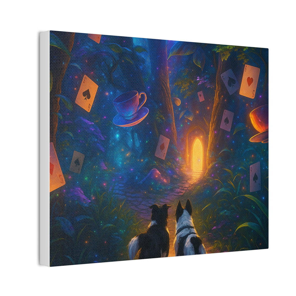 Magic Forest Canvas Wall Art — Dogs Exploring Wonderland with Glowing Door & Floating Playing Cards