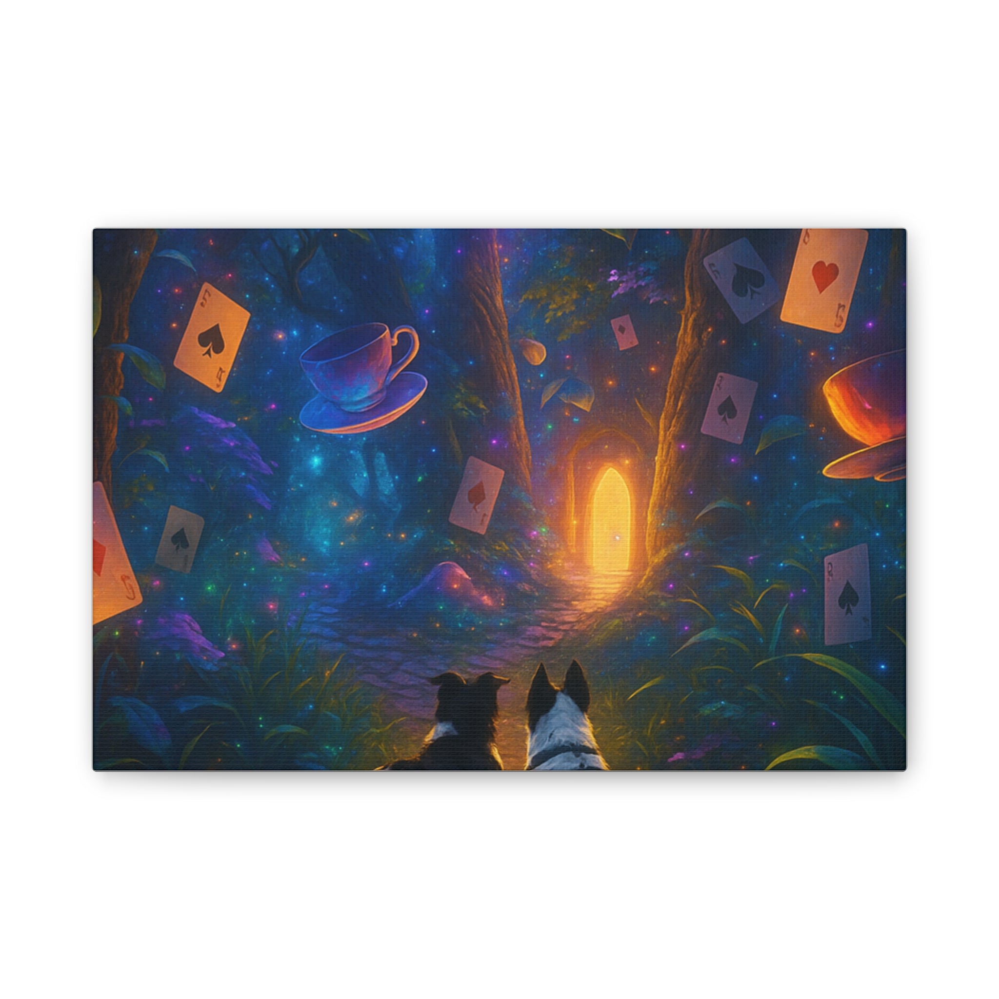 Magic Forest Canvas Wall Art — Dogs Exploring Wonderland with Glowing Door & Floating Playing Cards