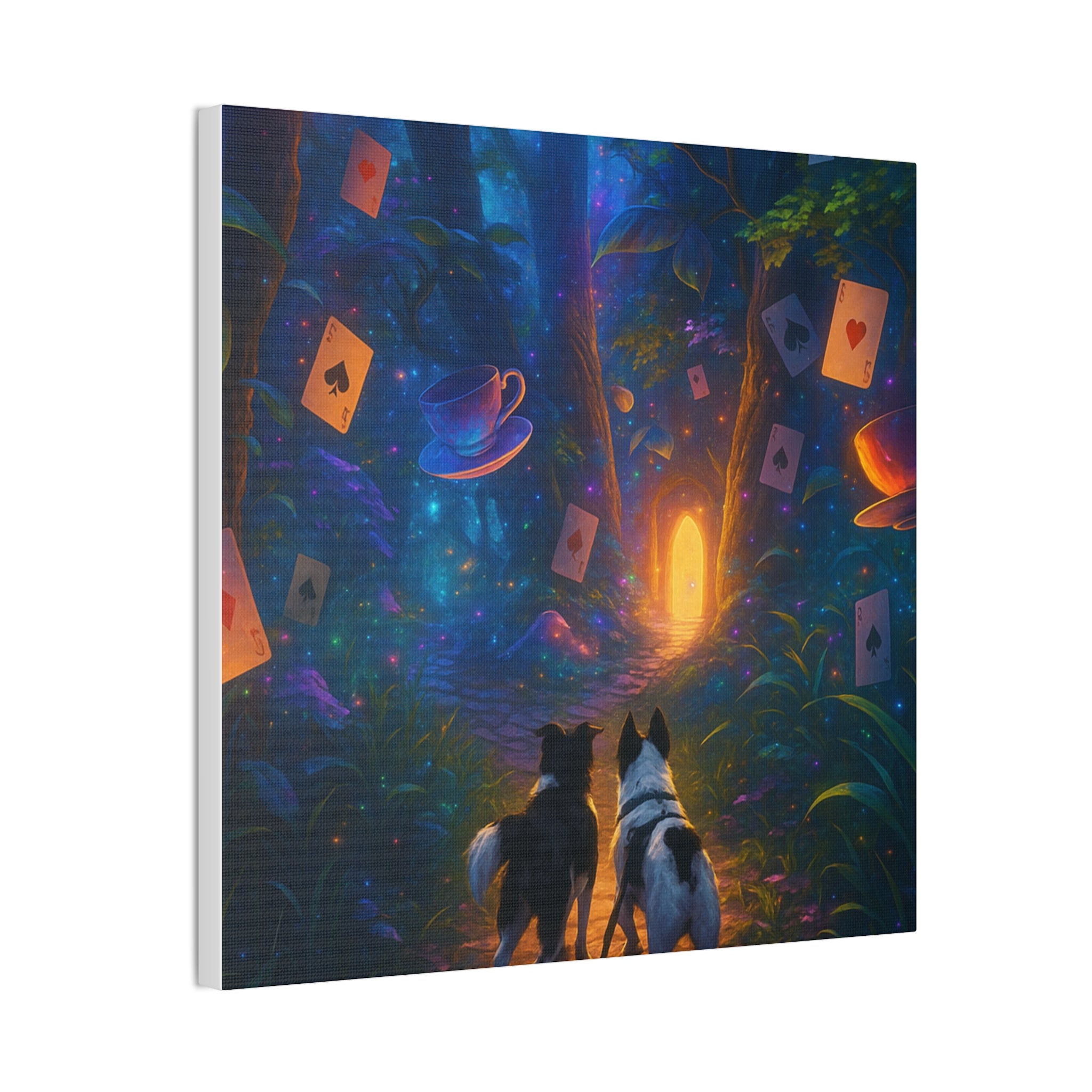 Magic Forest Canvas Wall Art — Dogs Exploring Wonderland with Glowing Door & Floating Playing Cards