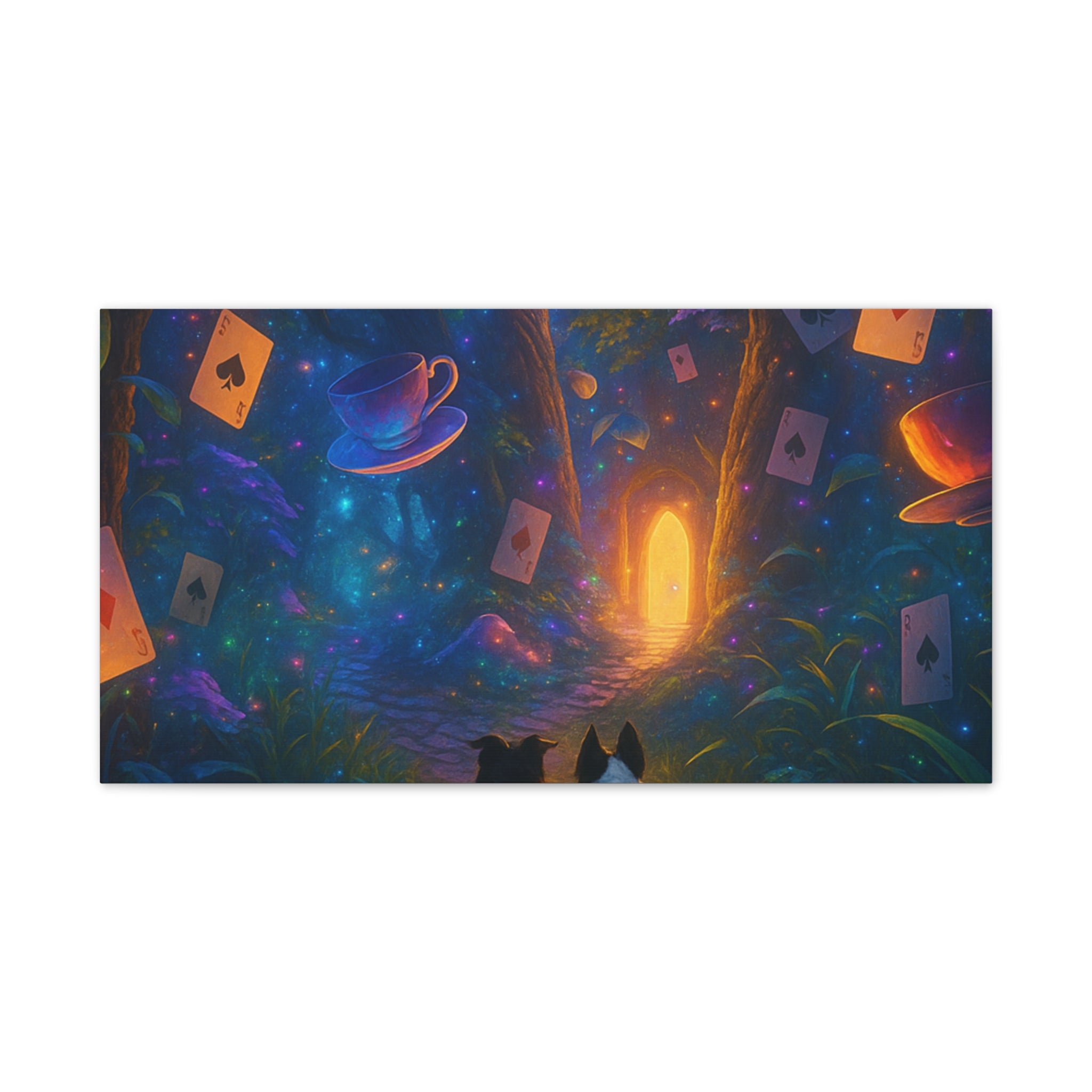 Magic Forest Canvas Wall Art — Dogs Exploring Wonderland with Glowing Door & Floating Playing Cards