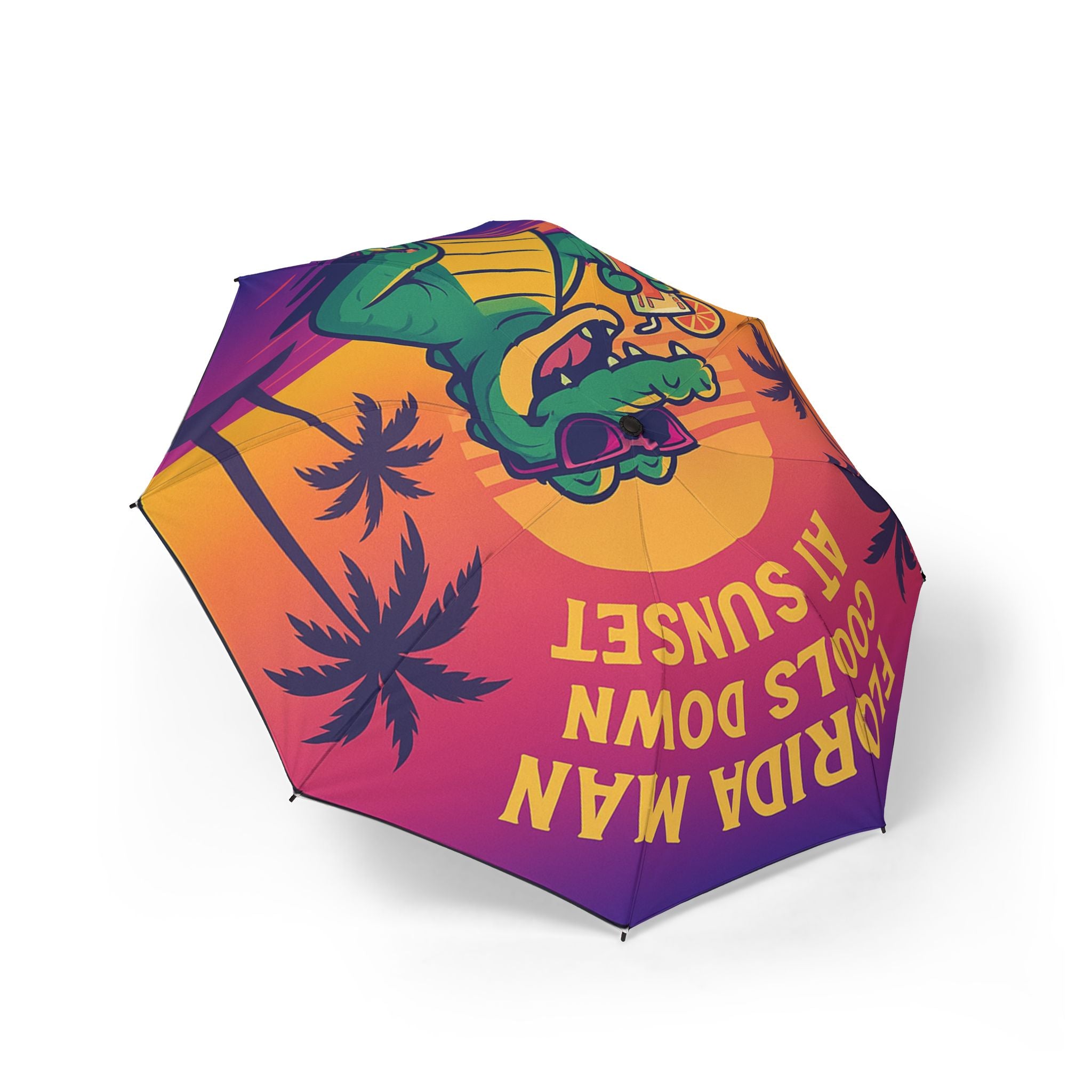 Tropical Dino Sunset Umbrella — "Florida Man Rolls Down At Sunset" Foldable Rain Umbrella