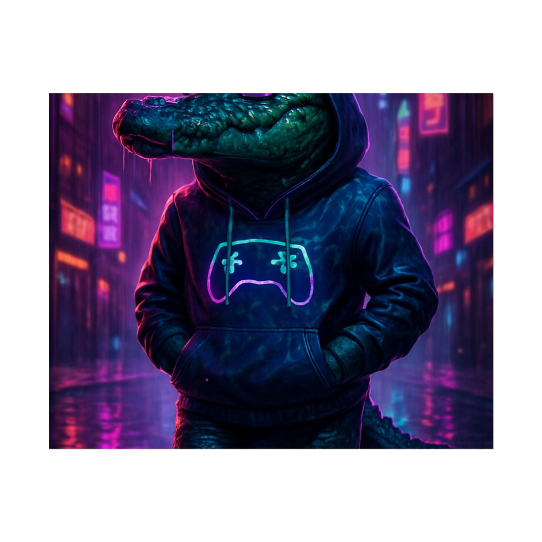 Rolled Posters - Florida Man Gaming Alligator Neon Gamer Hoodie Poster Print