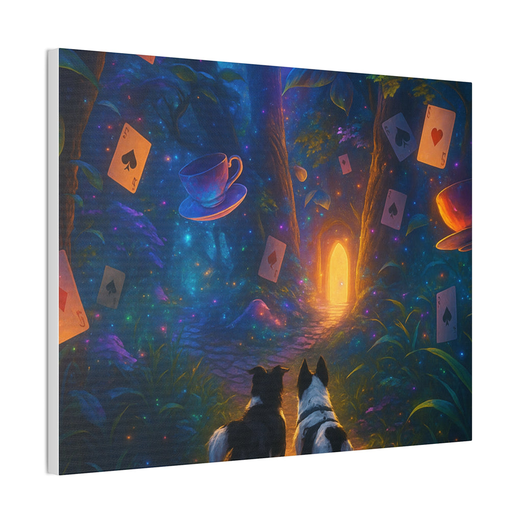Magic Forest Canvas Wall Art — Dogs Exploring Wonderland with Glowing Door & Floating Playing Cards