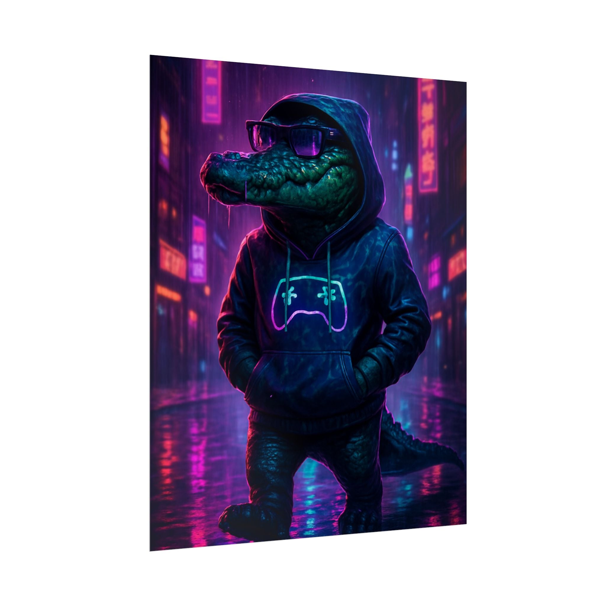 Rolled Posters - Florida Man Gaming Alligator Neon Gamer Hoodie Poster Print