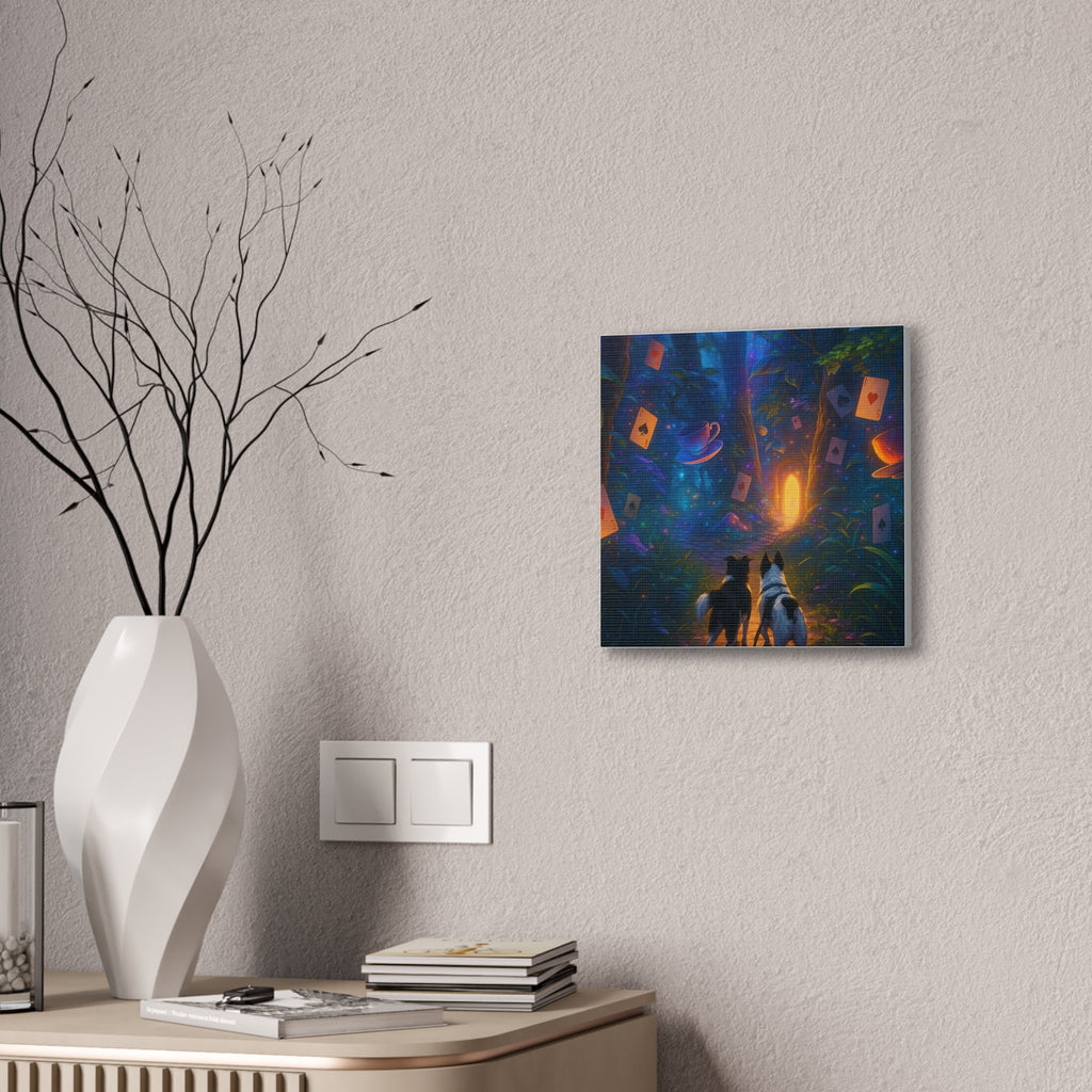 Magic Forest Canvas Wall Art — Dogs Exploring Wonderland with Glowing Door & Floating Playing Cards
