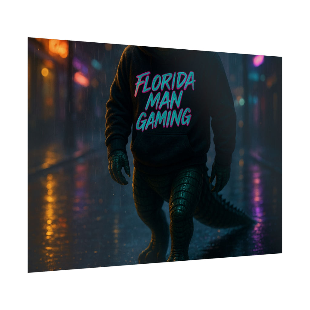 Rolled Posters - Florida Man Gaming Alligator Neon Cyberpunk Scene