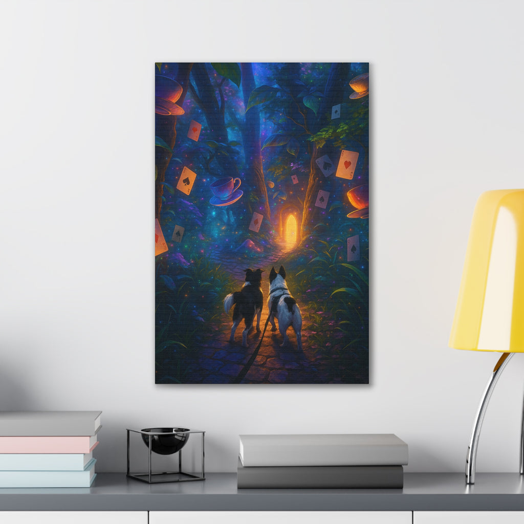 Magic Forest Canvas Wall Art — Dogs Exploring Wonderland with Glowing Door & Floating Playing Cards