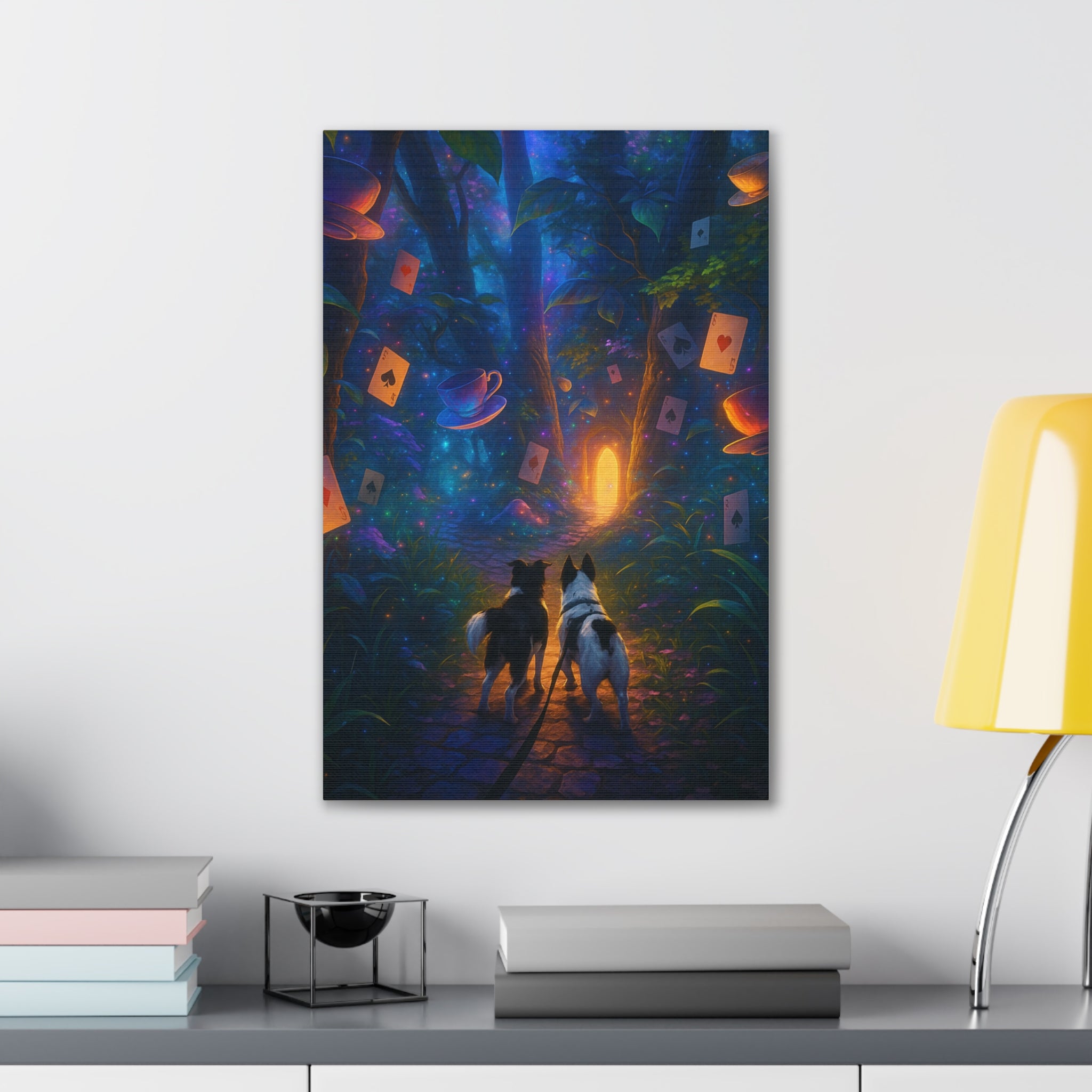 Magic Forest Canvas Wall Art — Dogs Exploring Wonderland with Glowing Door & Floating Playing Cards