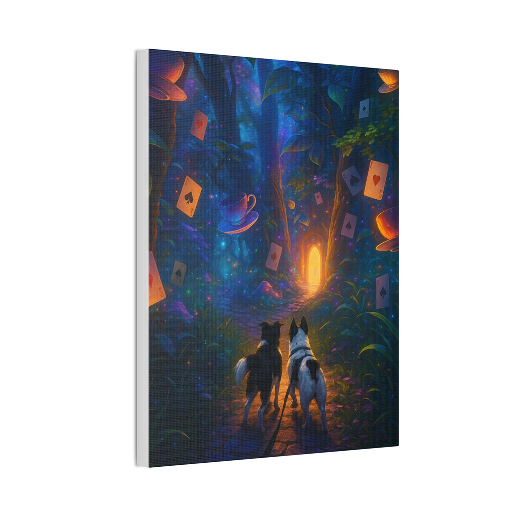 Magic Forest Canvas Wall Art — Dogs Exploring Wonderland with Glowing Door & Floating Playing Cards