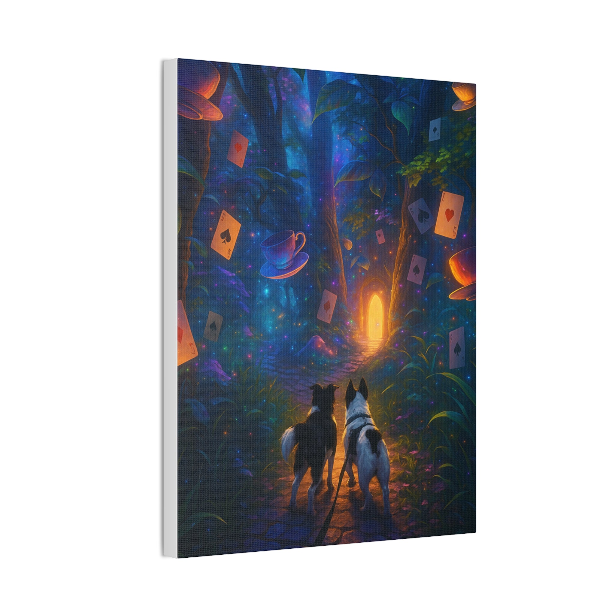 Magic Forest Canvas Wall Art — Dogs Exploring Wonderland with Glowing Door & Floating Playing Cards