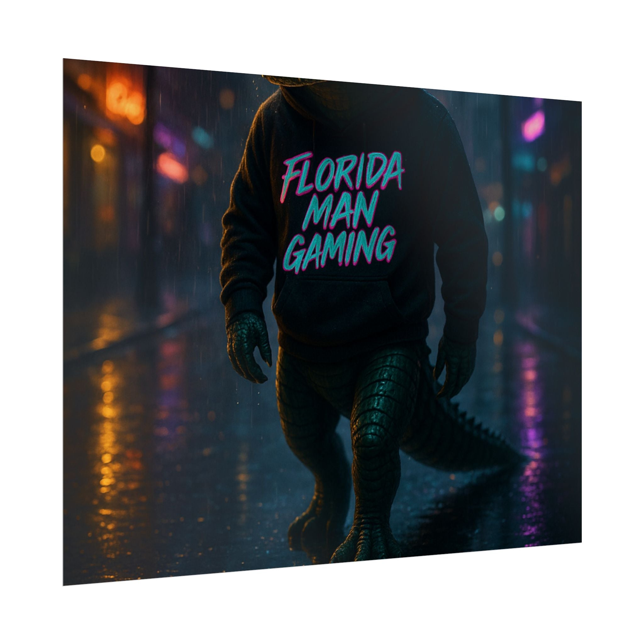 Rolled Posters - Florida Man Gaming Alligator Neon Cyberpunk Scene