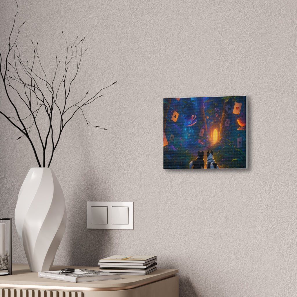 Magic Forest Canvas Wall Art — Dogs Exploring Wonderland with Glowing Door & Floating Playing Cards