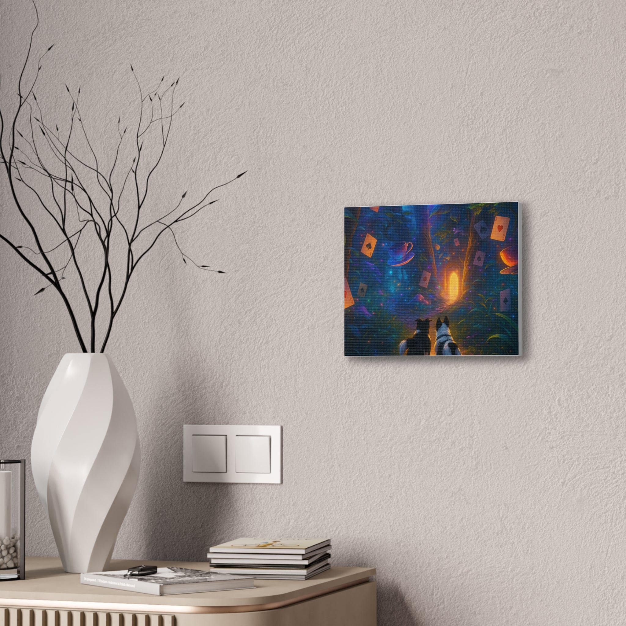 Magic Forest Canvas Wall Art — Dogs Exploring Wonderland with Glowing Door & Floating Playing Cards