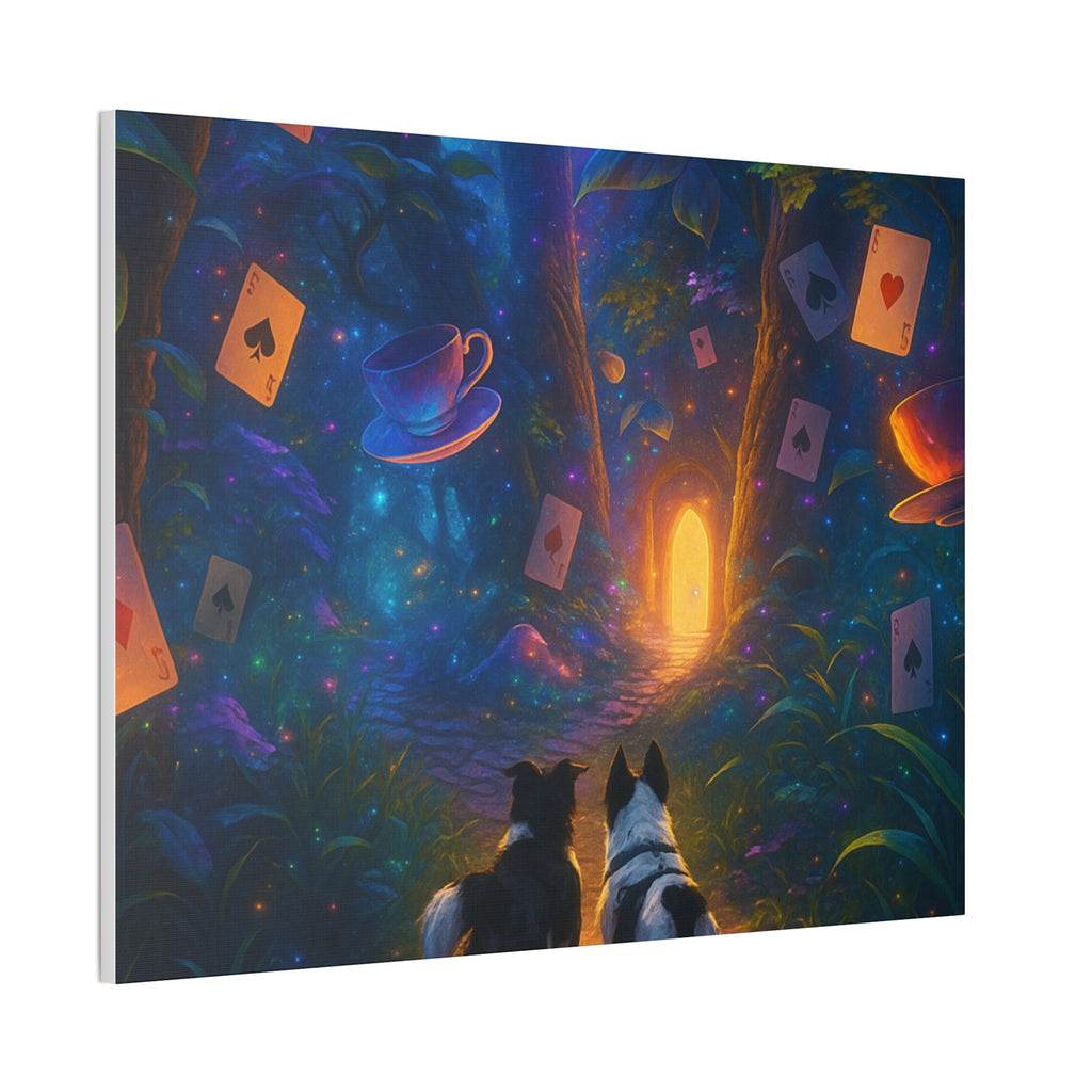 Magic Forest Canvas Wall Art — Dogs Exploring Wonderland with Glowing Door & Floating Playing Cards