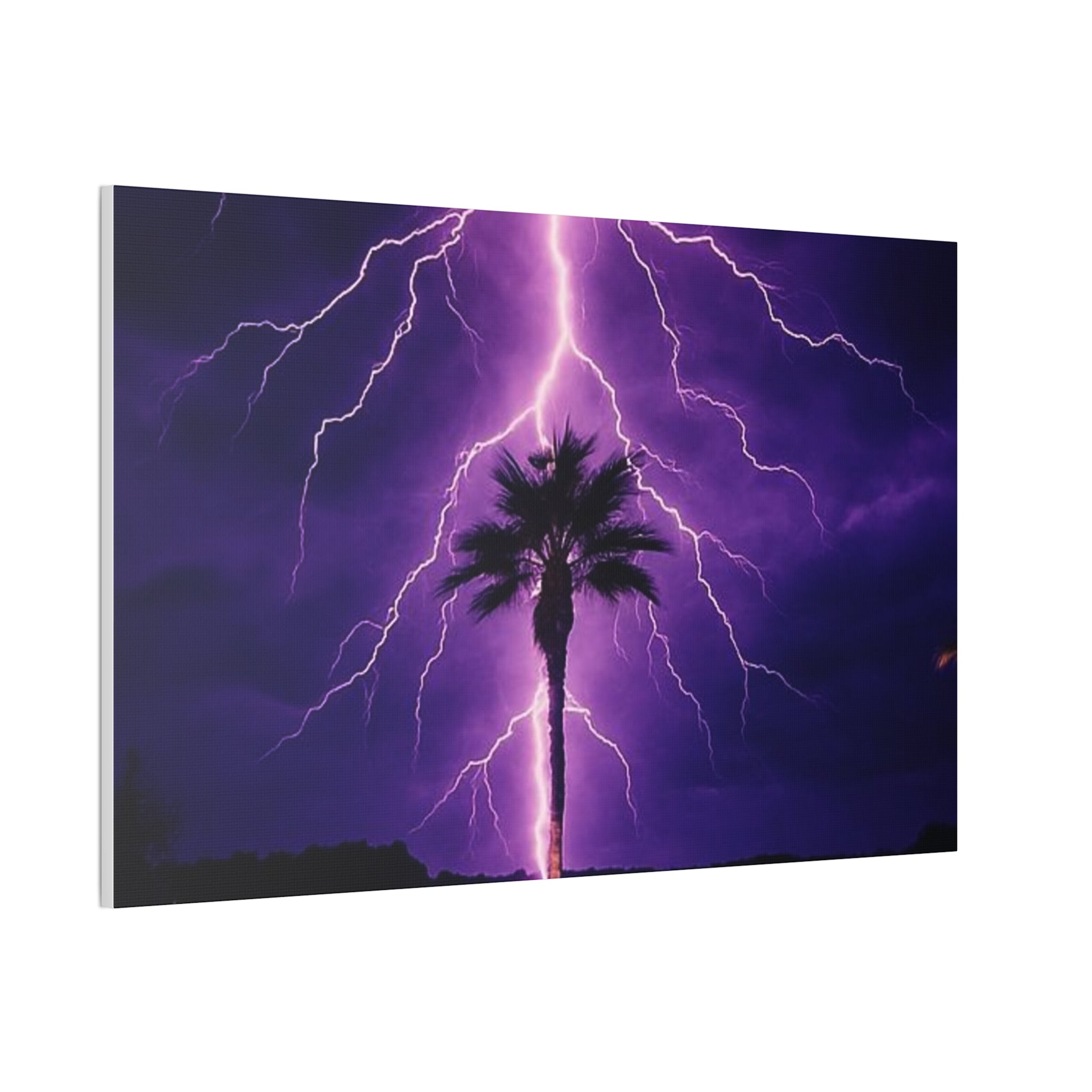 Purple Lightning Palm Tree Canvas Wall Art — Storm Photography Stretched Canvas