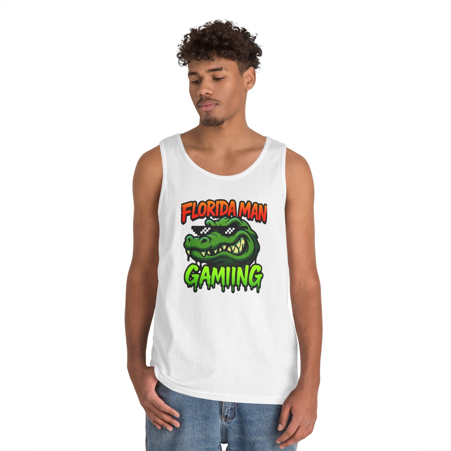 Florida Man Gaming Unisex Heavy Cotton Tank Top, Fun Summer Apparel, Gamer Gift, Casual Wear, Florida Themed Clothing