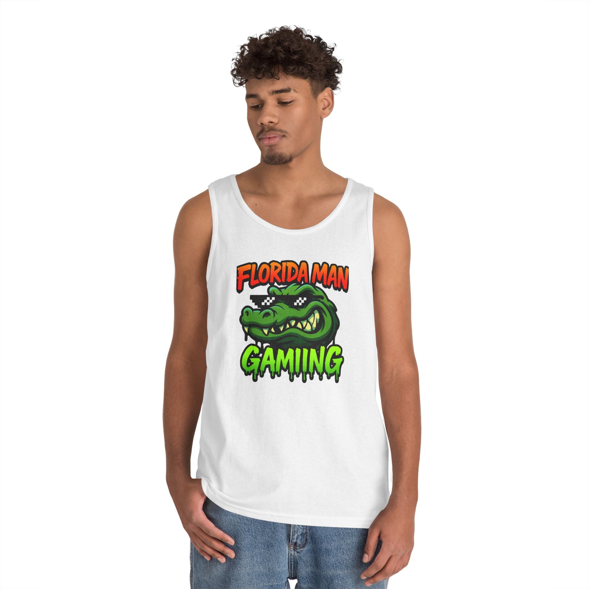 Florida Man Gaming Unisex Heavy Cotton Tank Top, Fun Summer Apparel, Gamer Gift, Casual Wear, Florida Themed Clothing