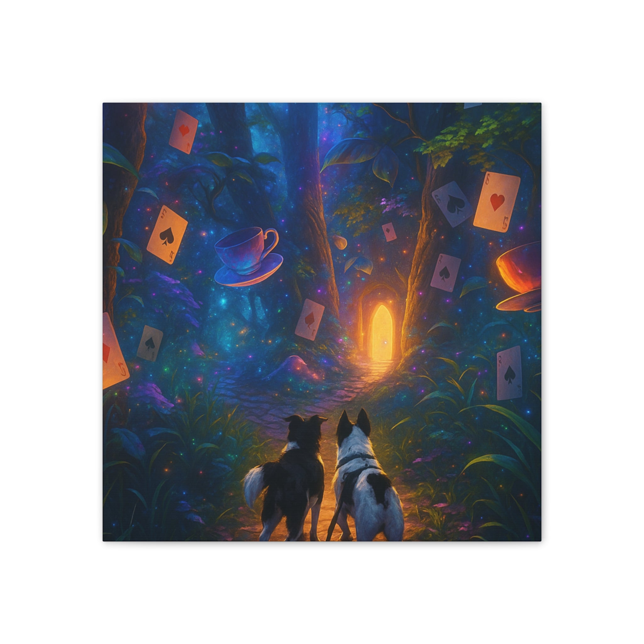 Magic Forest Canvas Wall Art — Dogs Exploring Wonderland with Glowing Door & Floating Playing Cards