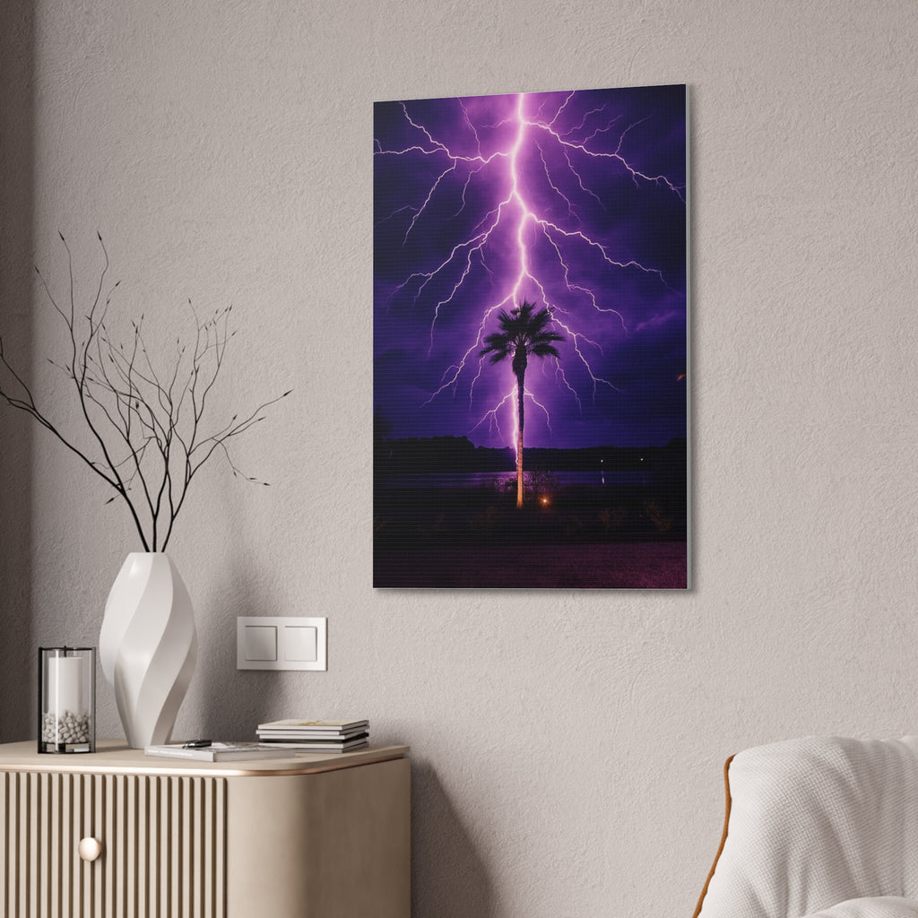 Purple Lightning Palm Tree Canvas Wall Art — Storm Photography Stretched Canvas