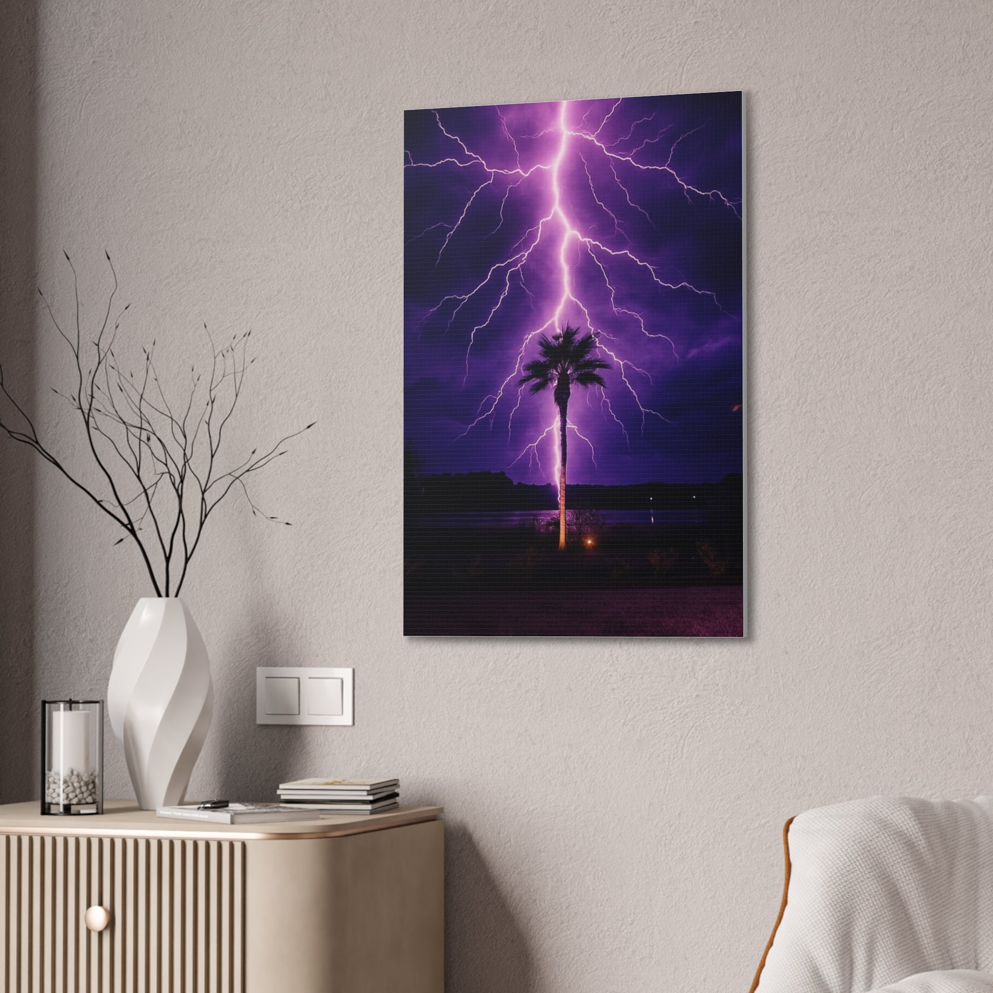 Purple Lightning Palm Tree Canvas Wall Art — Storm Photography Stretched Canvas