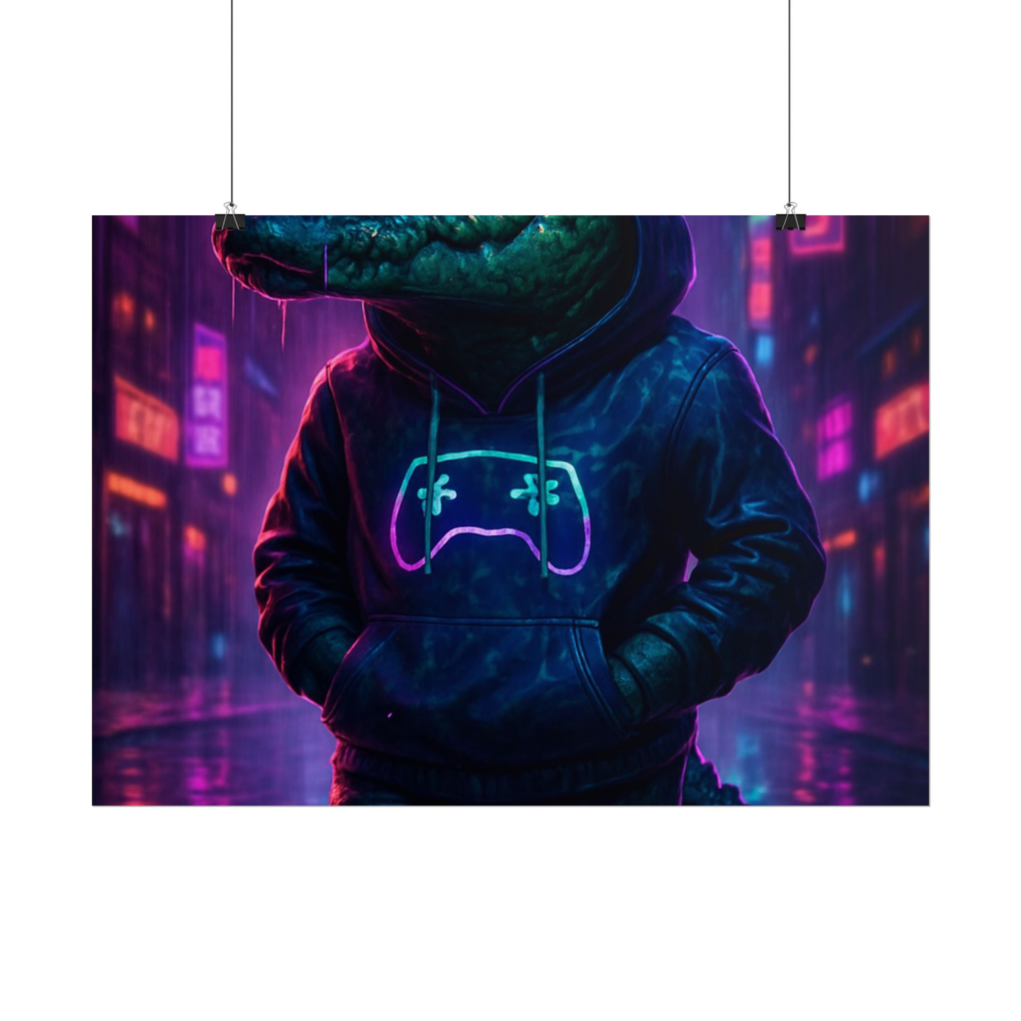 Rolled Posters - Florida Man Gaming Alligator Neon Gamer Hoodie Poster Print