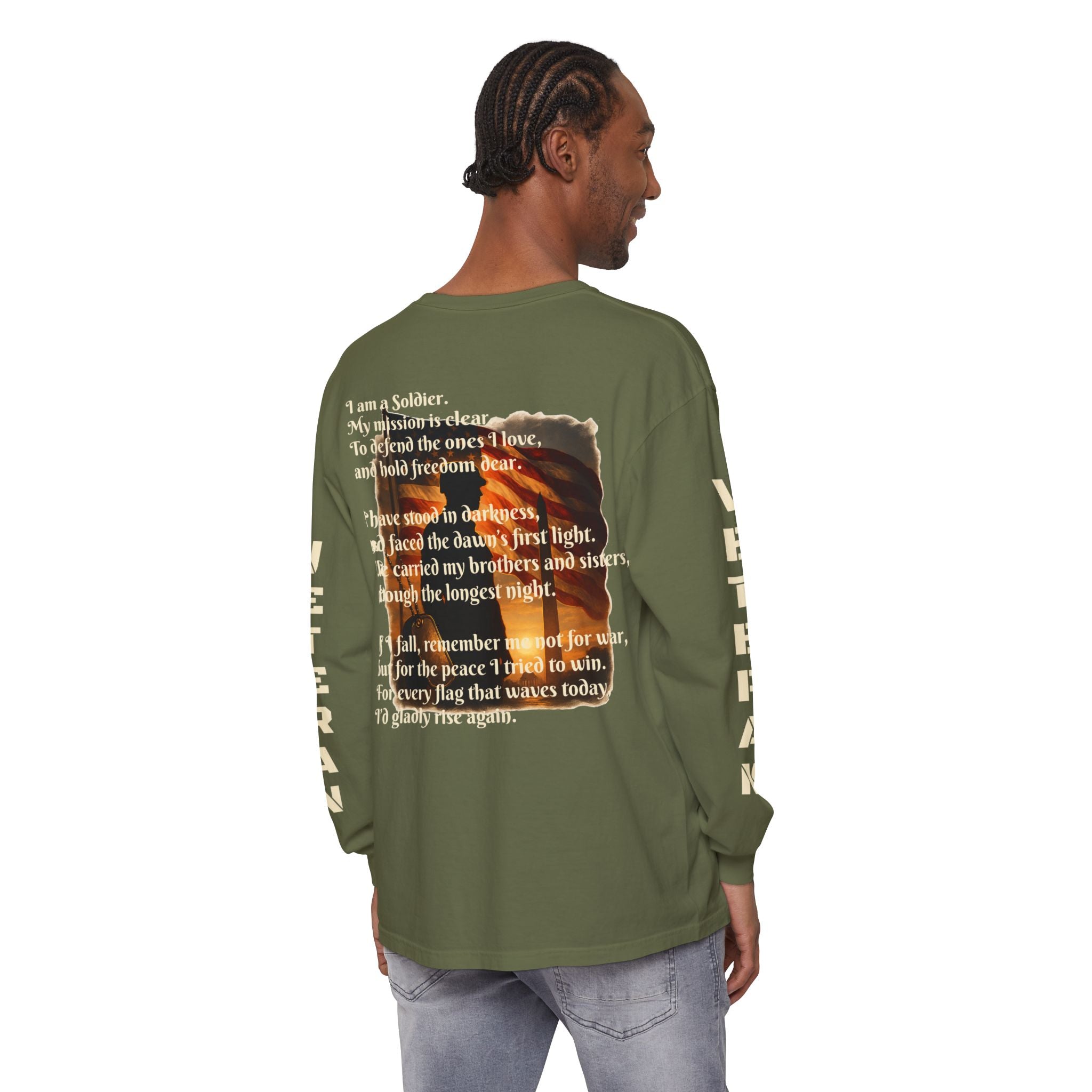 Veteran Tribute Long Sleeve T-Shirt — Patriotic Flag & Poem Design