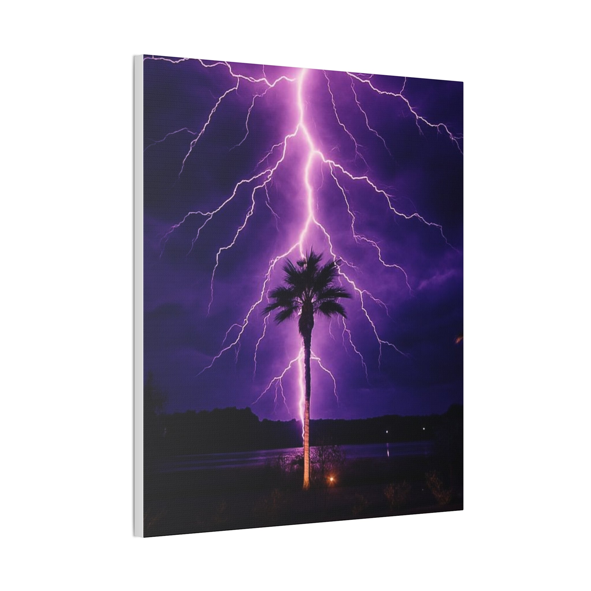 Purple Lightning Palm Tree Canvas Wall Art — Storm Photography Stretched Canvas