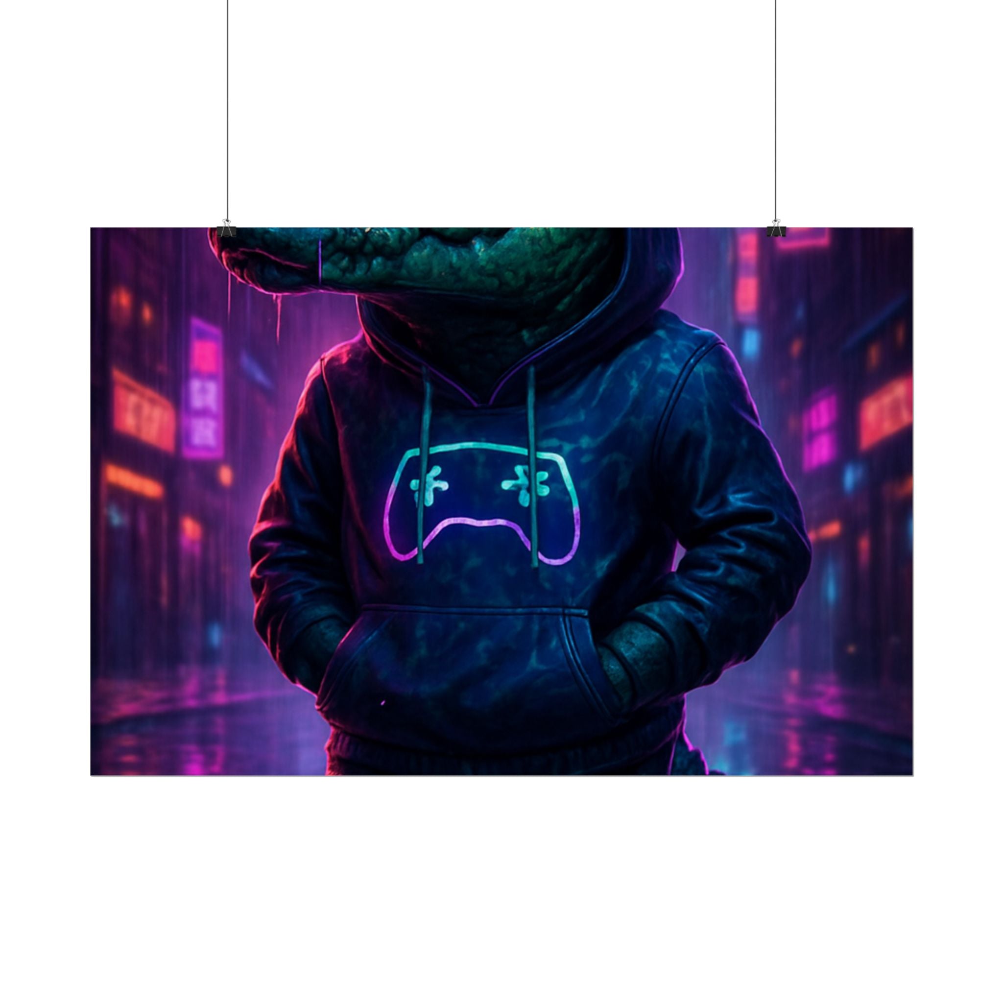 Rolled Posters - Florida Man Gaming Alligator Neon Gamer Hoodie Poster Print